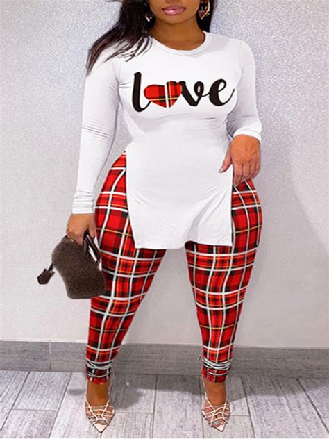 Lw Letter Print Double Split Plaid Pants Set Sale Lovelywholesale