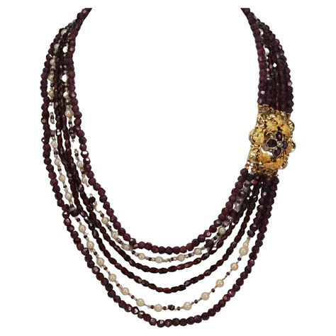 Garnet Bead Multi Strand Necklace With Fancy Yellow Gold Filigree Clasp