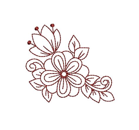 Redwork Flowers Machine Embroidery Design Floral Linework Etsy