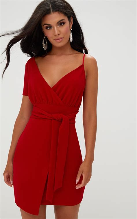 Red Asymmetric Wrap Bodycon Dress Dresses Prettylittlething