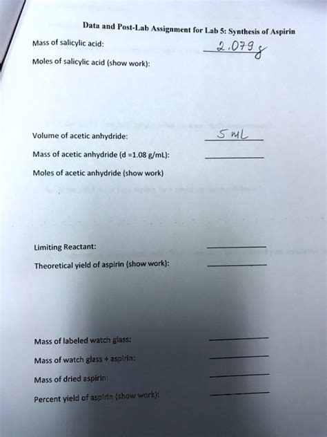 Solved Data And Post Lab Assignment For Lab Synthesis Of Aspirin