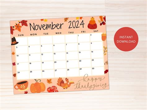 Editable November 2024 Calendar Printable Wall Calendar 2024 Happy