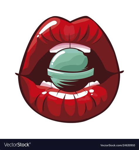 Sexy Female Lips With Lollipop Pop Art Style Vector Image