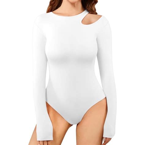 Mangopop Sexy Cut Out Round Neck Long Sleeve Bodysuit Tops One Shoulder