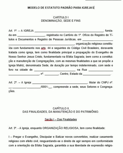 Exemplo De Estatuto Para Igrejas Padrão Incluído Pela Lei N 10825 De 22 12 2003