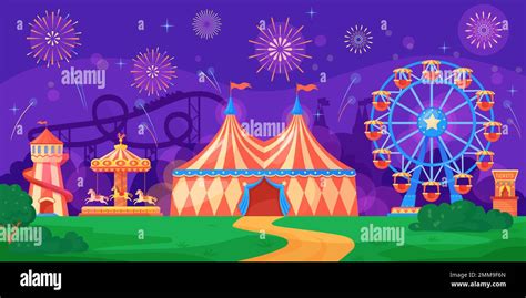 Night Fairground Outdoor Funfair Carnival Amusement Park With