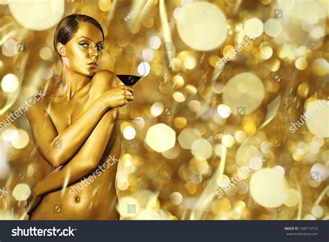 Sexy Naked Golden Woman Glass Wine Stock Photo Shutterstock