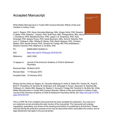 Pdf White Matter Microstructure In Youths With Conduct Disorder Effects Of Sex And Variation