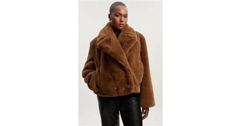 karen millen  size faux fur buttoned short coat  brown lyst uk