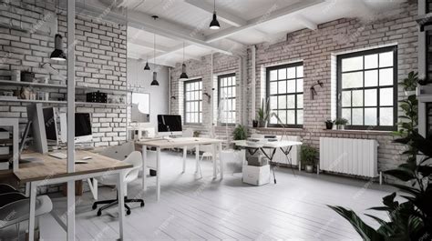 Premium Photo | A white office with a brick wall and a white brick wall.