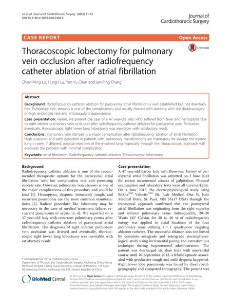 Pdf Thoracoscopic Lobectomy For Pulmonary Vein Occlusion After Radiofrequency Catheter