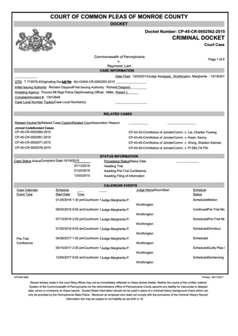 Form Cpcms 9082 - Criminal Docket - Court Of Common Pleas Of Monroe ...