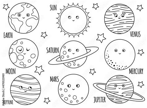 Vector black and white planets set for children. Outline illustration ...