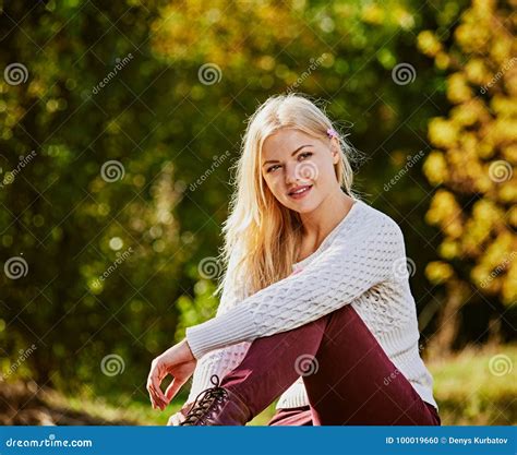 Blonde Woman In Autumn Garden Stock Photo Image Of Garden Forest 100019660