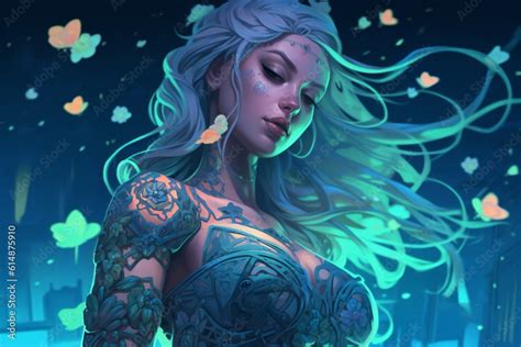 Woman With A Tattoo Fantasy Art Body Covers With Neon Flowers Beautiful Avatar Pictures