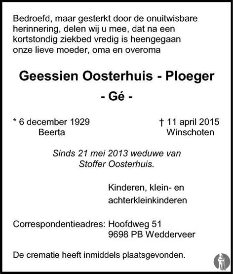 Geessien Gé Oosterhuis Ploeger 11 04 2015 overlijdensbericht en