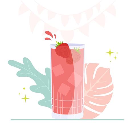 Premium Vector A Glass Of Collins With A Strong Pink Cocktail And Strawberries Inside Is