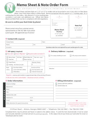 Fillable Online Printing Uga Memo Sheet Note Order Form Printing