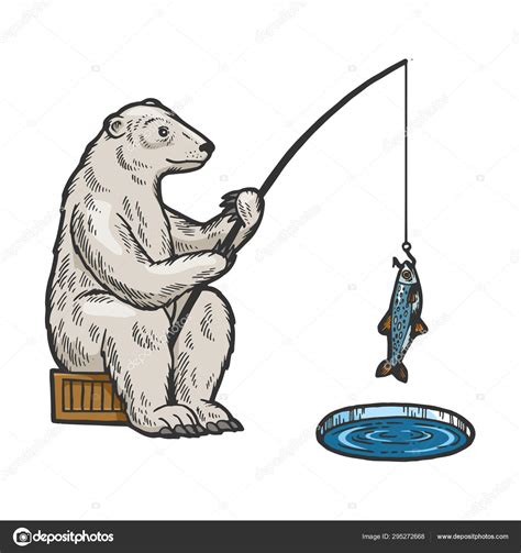 Polar Bear fishing with fishing rod in hole in ice color sketch ...