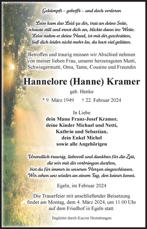 Traueranzeigen Von Hannelore Kramer Abschied Nehmen De