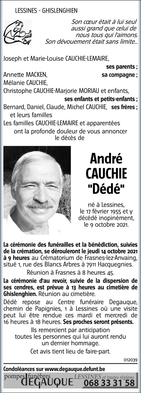 André CAUCHIE 09 10 2021 Avis nécrologique lavenir net