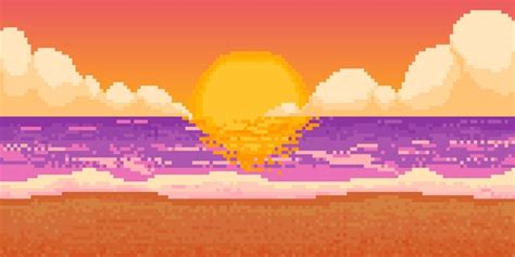 Premium Vector Pixel Sunset Beach Game Retro Sea Landscape 8bit