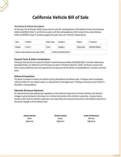 California Vehicle Bill Of Sale