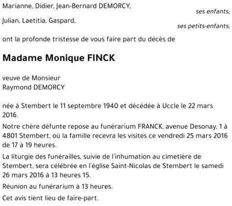 Avis De Décès De Monique Finck Décédé Le 22032016 à Ukkel Annonce