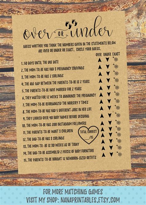 Over Or Under Baby Shower Game Printable Baby Shower Games Etsy Boy