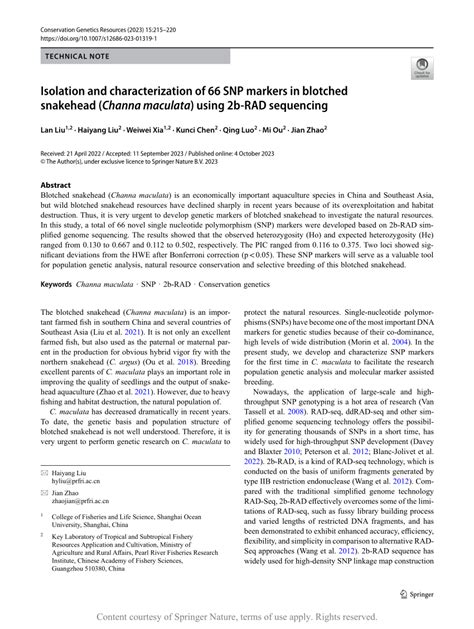 Isolation And Characterization Of 66 Snp Markers In Blotched Snakehead