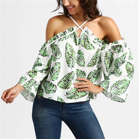 Tropical Palm Leaves Print Womens Tops And Blouses Off Shoulder Boho