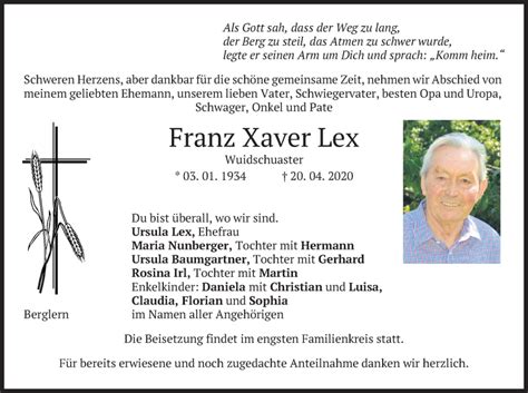 Traueranzeigen Von Franz Xaver Lex Trauer Merkur De