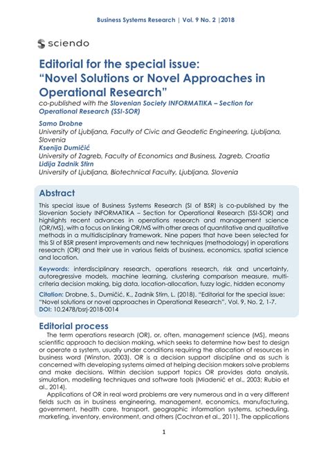 PDF Editorial For The Special Issue Novel Solutions Or Novel