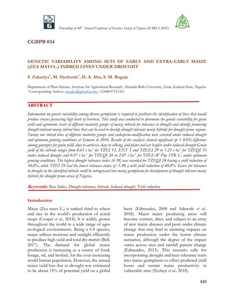 Pdf Cgbpb 034 Genetic Variability Among Sets Of Early And Extra Early Maize Zea Mays L