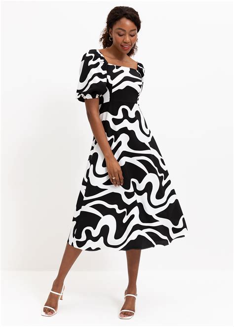 Print Square Neck Puff Sleeve Midi Dress Za