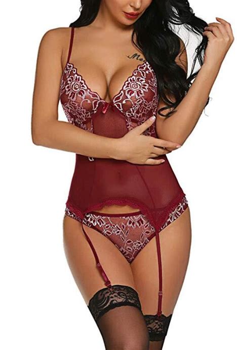 Wine Red Mesh Perspective One Piece Sexy Lingerie With Garters