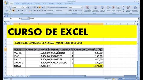 Curso de Excel Planilha Comissões de Vendas Comissão do vendedor