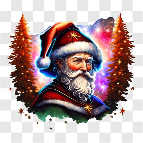 Descarga Pintura de Santa Claus con árboles y estrellas PNG En Línea