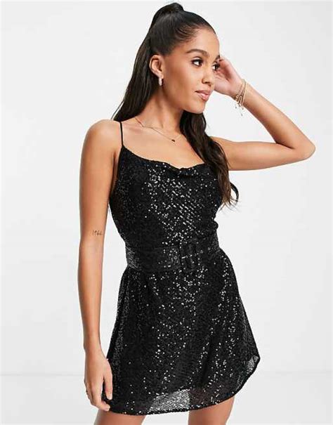 Asos Design Sequin Embellished Cami Mini Dress With Belt In Black Asos