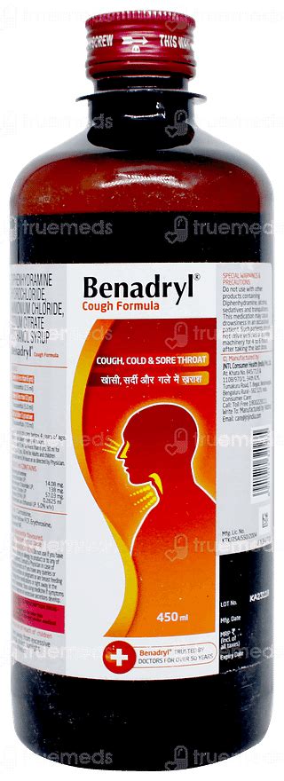 Benadryl Cough Formula Syrup 450 Ml Uses Side Effects Dosage Price Truemeds