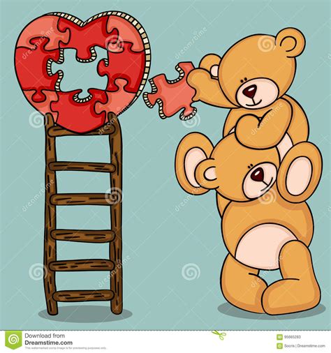 Teddy Bears With Heart Shaped Puzzle On Top Ladder Stock Vector