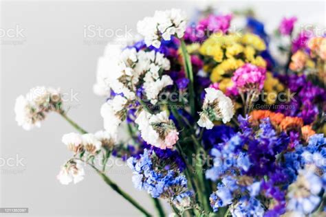 Close Up Bouquet Of Colorful Dried Flowers Background Texture Stock