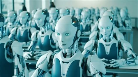 Premium Ai Image Many Identical Ai Robots Sitting At Desk In The