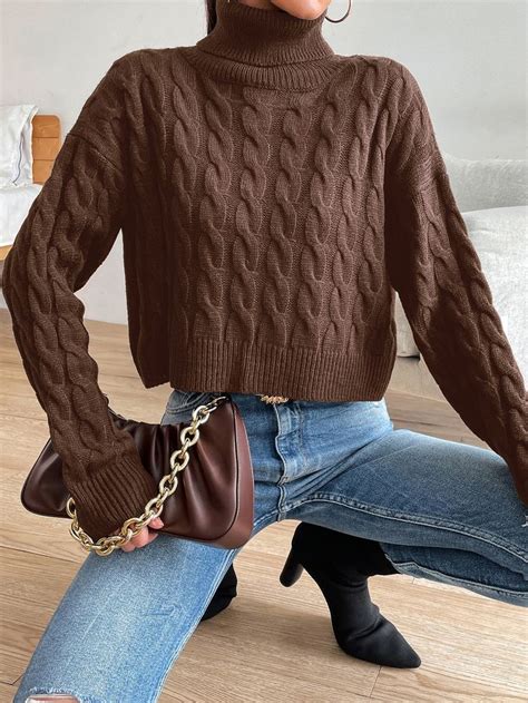 Turtleneck Cable Knit Drop Shoulder Sweater