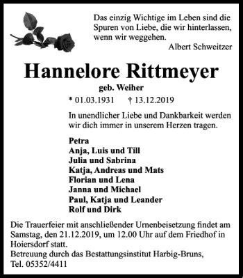 Traueranzeigen Von Hannelore Rittmeyer Trauer De