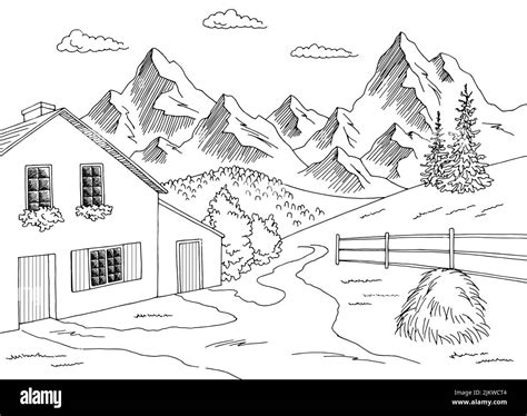 Dorf Berg Grafik schwarz weiß ländliche Landschaft Skizze Illustration