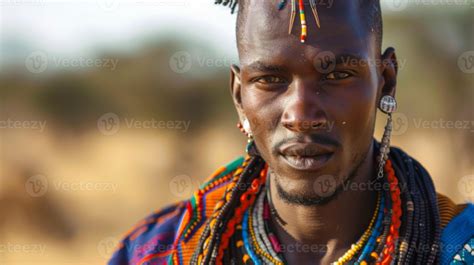 Portrait of an African Mandinka warrior in traditional attire with ...