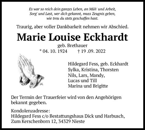 Traueranzeigen Von Marie Louise Eckhardt Trauer HNA De