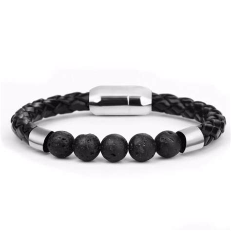 Men S Handmade Genuine Leather Lava Stone Bead Charm Bracelet Wristband