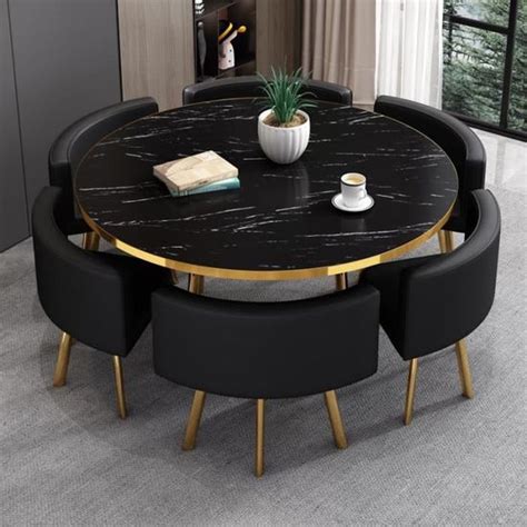 Table Manger Ronde Effet Marbre Noir Et Chaises Encastrable Popup Xl